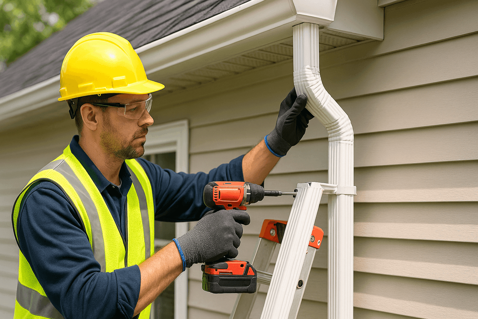 Technician replacing residential downspout on house