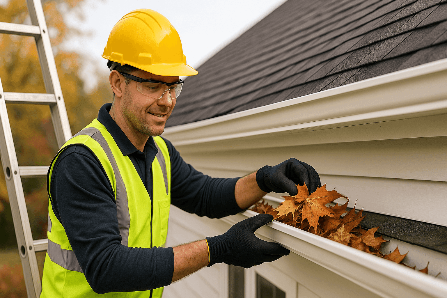 Technician cleaning leaves from residential gutter