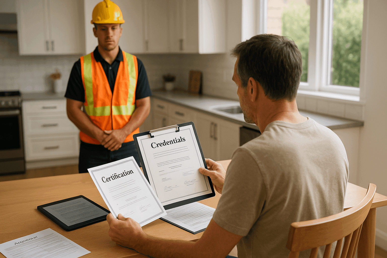 Homeowner reviewing roofer credentials and certifications