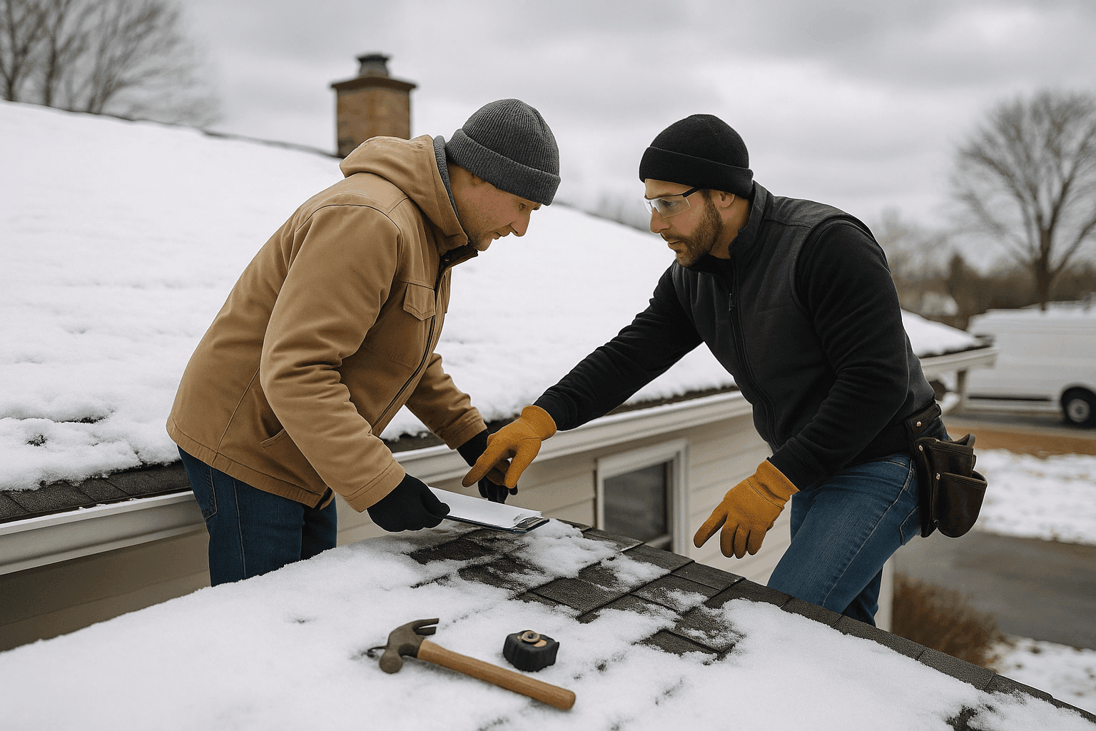 Homeowner and roofer inspecting snow-covered roof for winter storm preparation
