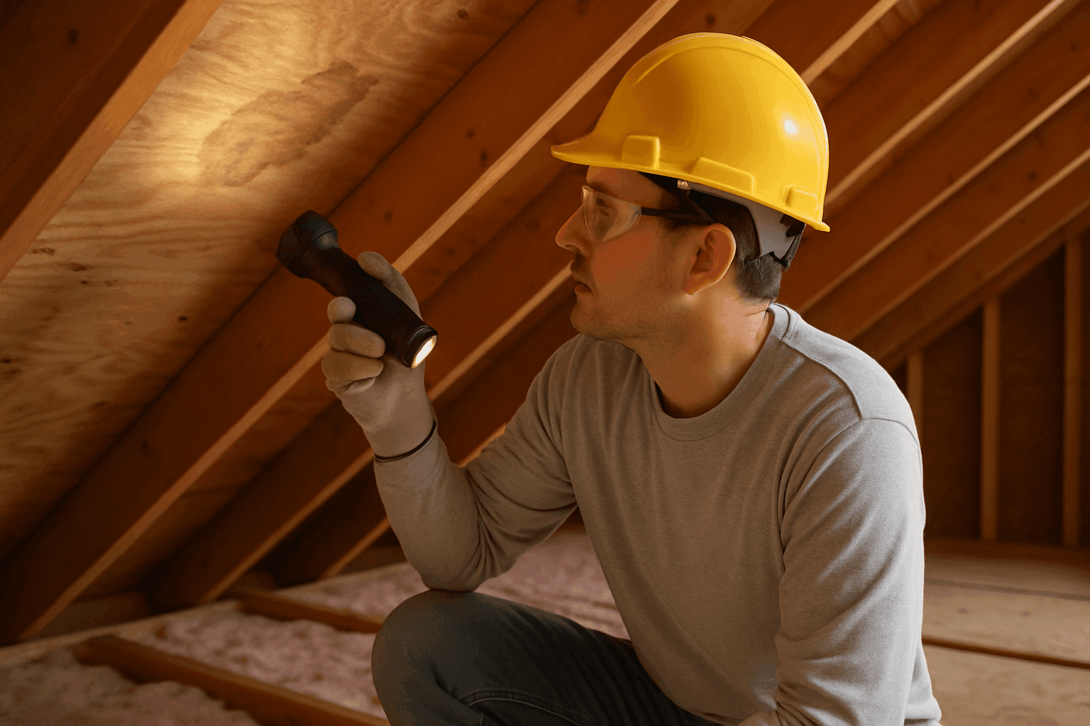 Homeowner inspecting attic ceiling for water stains