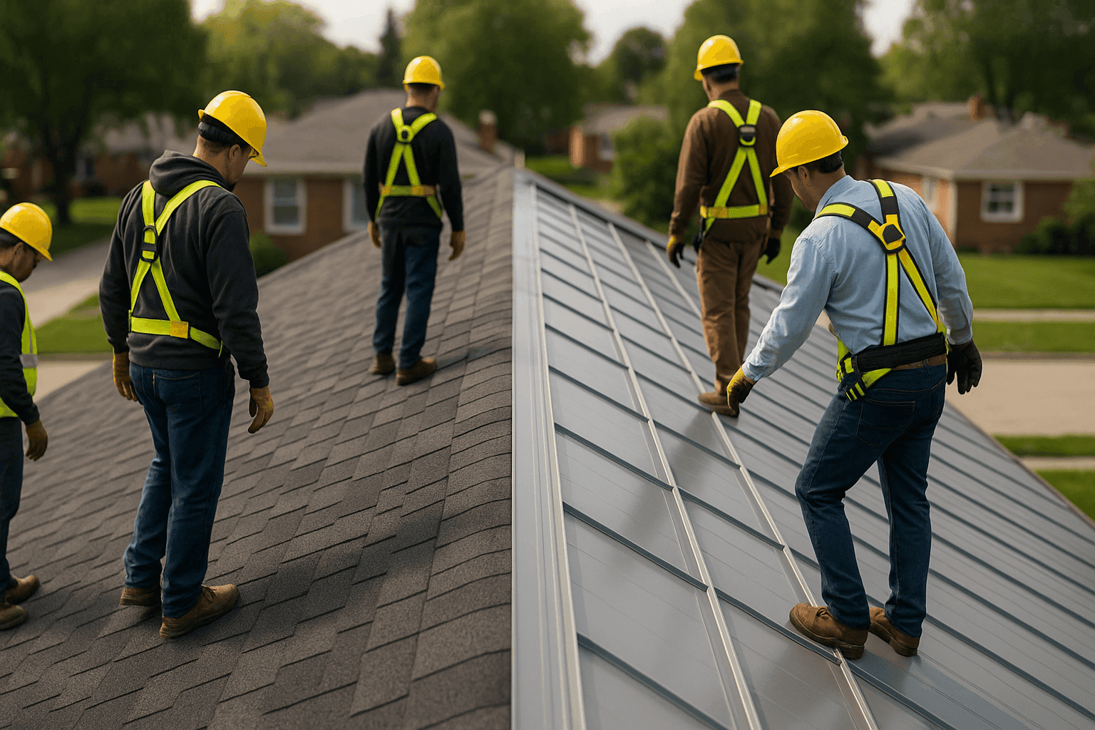 Closeup showing shingle and metal roof sections side by side